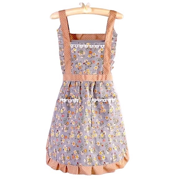 Apron Retro Bib Style Adjustable Waist Tie Ruffle Floral Polka Dot Womens Blue - Picture 1 of 16